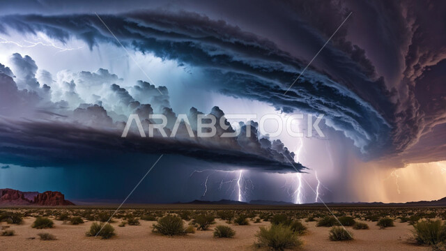 عاصفة من الرياح تضرب الصحراء، الزوايع الغبارية القوية، نمو النباتات والشوكيات البرية في الأراضي الصحراوية، منظر السماء الممتلئة بالغيوم الداكنة، التشكلات والتكوينات الرملية، الظواهر والكوارث الطبيعية، الجو العاصف الهائج المحمل بالغبار والأتربة في صحاري السعودية