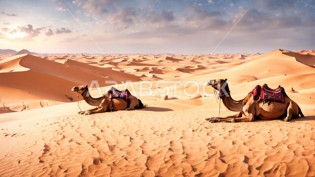 Means of transportation and travel in the past, caring for camels and dromedaries in the nature reserves in the Kingdom of Saudi Arabia, a group of purebred Arabian camels resting on the soft golden sands in the middle of the desert during the day, hills and sand dunes, interest in raising livestock and mammals in the desert