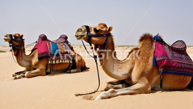 مجموعة من الجمال العربية الأصيلة تستريح على الرمال الذهبية الناعمة وسط الصحراء في النهار، التلال و الكثبان الرملية، الاهتمام بتربية المواشي والثدييات في الصحاري، وسائل التنقل والسفر في القدم، رعاية النوق والابل في المحميات الطبيعية في المملكة العربية السعودية