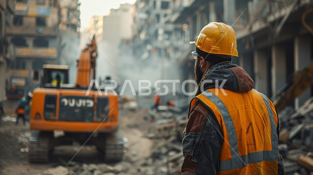 جرافة تعمل على رفع وتعبئة الرمال والحصى والركام، صورة من الخلف لعامل بناء عربي خليجي سعودي يرتدي الخوذة وسترة الحماية يقوم بالاشراف على عمل الآلات والمعدات الثقيلة للمباني والهياكل الكبيرة، مفهوم الهندسة والانشاءات، مهن ووظائف هندسية صناعية في السعودية