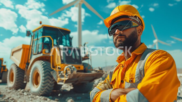 جرافة تعمل على رفع وتعبئة الرمال والحصى والركام، صورة من الأمام لعامل بناء عربي خليجي سعودي يرتدي الخوذة وسترة الحماية يقوم بالاشراف على عمل الآلات والمعدات الثقيلة للمباني والهياكل الكبيرة، مفهوم الهندسة والانشاءات، مهن ووظائف هندسية صناعية في السعودية