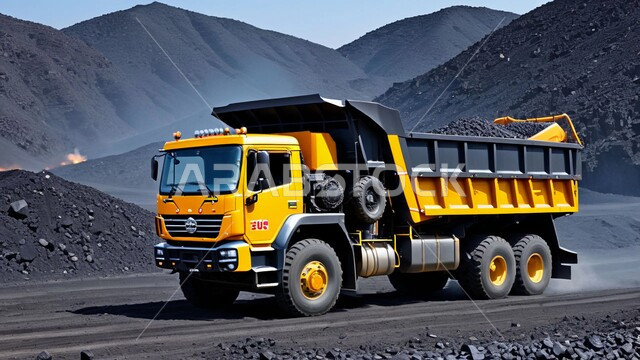 سيارة الشحن الكبيرة تقوم بالعمل في موقع التعدين، التخلص من الأتربة والصخور ونقلها بعيدا، المرتفعات وقمم الجبال في المملكة العربية السعودية، كميات ضخمة من انتاج الفحم، أماكن مناجم الفحم الطبيعي، مناطق التنقيب عن الثروات الباطنية الخام