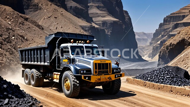 Highlands and mountain peaks in Saudi Arabia, raw underground resources exploration areas, a large truck driving on an asphalt road in the desert, natural coal mines locations, rocky nature and mountain range terrain, disposal of dirt and rocks and transporting them away