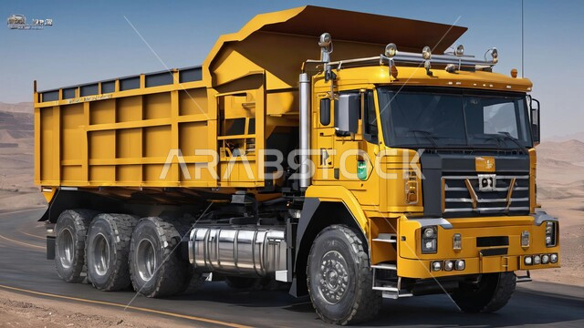 Rocky nature and terrain of mountain ranges, disposal of soil and rocks and transporting them away, heights and mountain peaks in Saudi Arabia, areas for prospecting for raw underground resources, a large truck driving on an asphalt road in the desert, natural coal mines locations