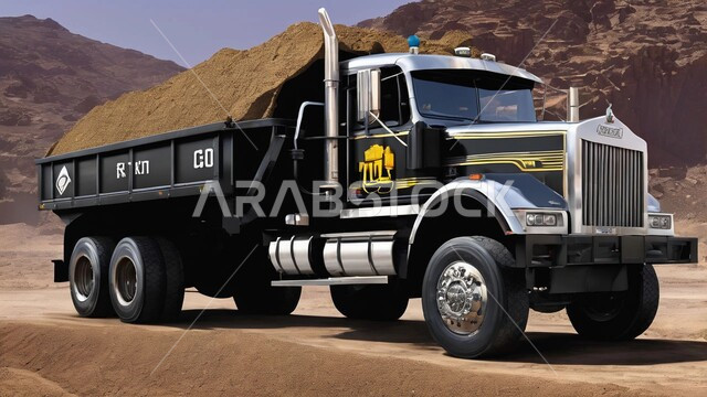 المرتفعات وقمم الجبال في المملكة العربية السعودية، مناطق التنقيب عن الثروات الباطنية الخام، شاحنة كبيرة تسير على طريق اسفلتي في الصحراء، أماكن مناجم الفحم الطبيعي، الطبيعة الصخرية وتضاريس السلاسل الجبلية، التخلص من الأتربة والصخور ونقلها بعيدا