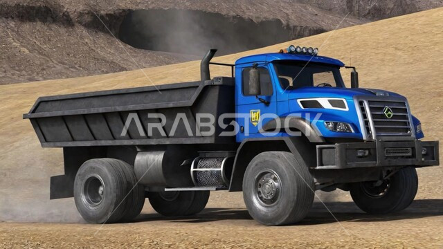 Rocky nature and terrain of mountain ranges, disposal of soil and rocks and transporting them away, heights and mountain peaks in Saudi Arabia, areas for prospecting for raw underground resources, a large truck driving on an asphalt road in the desert, natural coal mines locations