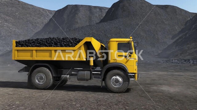 Large cargo truck working at mining site, getting rid of dirt and rocks and transporting them away, heights and mountain peaks in Saudi Arabia, huge amounts of coal production, natural coal mines locations, raw underground resources exploration areas