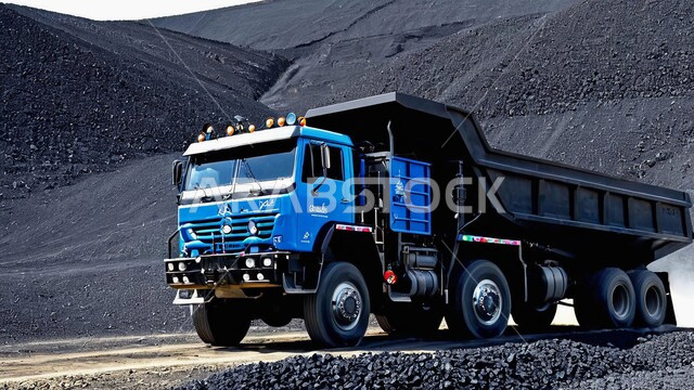 التخلص من الأتربة والصخور ونقلها بعيدا، المرتفعات وقمم الجبال في المملكة العربية السعودية، كميات ضخمة من انتاج الفحم، أماكن مناجم الفحم الطبيعي، مناطق التنقيب عن الثروات الباطنية الخام، سيارة الشحن الكبيرة تقوم بالعمل في موقع التعدين