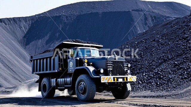 التخلص من الأتربة والصخور ونقلها بعيدا، المرتفعات وقمم الجبال في المملكة العربية السعودية، كميات ضخمة من انتاج الفحم، أماكن مناجم الفحم الطبيعي، مناطق التنقيب عن الثروات الباطنية الخام، سيارة الشحن الكبيرة تقوم بالعمل في موقع التعدين