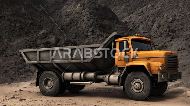 سيارة الشحن الكبيرة تقوم بالعمل في موقع التعدين، التخلص من الأتربة والصخور ونقلها بعيدا، المرتفعات وقمم الجبال في المملكة العربية السعودية، كميات ضخمة من انتاج الفحم، أماكن مناجم الفحم الطبيعي، مناطق التنقيب عن الثروات الباطنية الخام