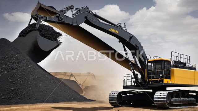 Natural coal mines locations, huge amounts of coal production, excavator and heavy machinery digging and working at the mining site, getting rid of dirt and rocks and transporting them away, highlands and mountain peaks in Saudi Arabia, areas for prospecting for raw underground resources