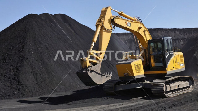 أماكن مناجم الفحم الطبيعي، كميات ضخمة من انتاج الفحم، الحفارة والآليات الثقيلة تقوم بالحفر والعمل في موقع التعدين، التخلص من الأتربة والصخور ونقلها بعيدا، المرتفعات وقمم الجبال في المملكة العربية السعودية، مناطق التنقيب عن الثروات الباطنية الخام