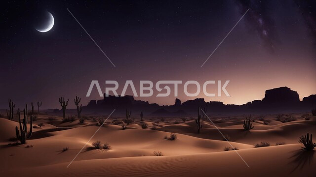 التضاريس والبيئة الجافة في الصحراء العربية، منظر القمر المضيء وسط السماء الصافية, الكثبان الرملية الذهبية، جبال ومرتفعات المملكة العربية السعودية في الليل، التضاريس والكثبان الذهبية الناعمة، نمو النباتات  البرية الخضراء في الأراضي الصحراوية