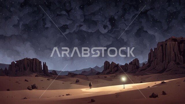 جبال ومرتفعات المملكة العربية السعودية في الليل، نمو النباتات البرية في الصحاري، التضاريس والتشكيلات الصخرية في البيئة الصحراوية الجافة، منظر لمجرة درب التبانة في السماء المرصعة بالنجوم اللامعة, الكثبان الرملية الذهبية