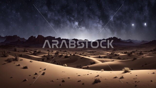 Mountains and highlands of Saudi Arabia at night, growth of wild plants in the deserts, topography and rock formations in the dry desert environment, view of the Milky Way in the starry sky, golden sand dunes