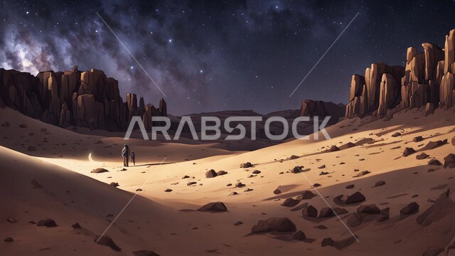 View of the Milky Way in the starry sky, golden sand dunes, mountains and highlands of Saudi Arabia at night, growth of wild plants in the deserts, terrain and rock formations in the arid desert environment