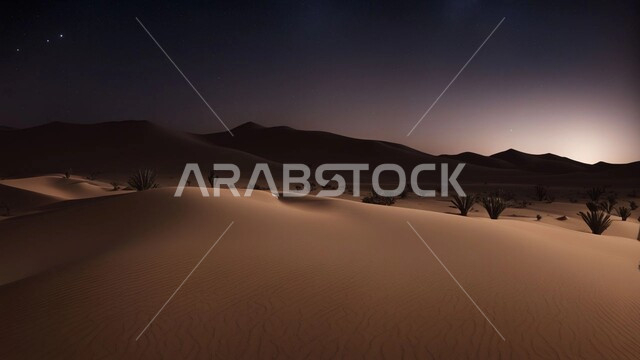 نمو النباتات  البرية الخضراء في الأراضي الصحراوية، التضاريس والبيئة الجافة في الصحراء العربية، منظر القمر المضيء وسط السماء الصافية, الكثبان الرملية الذهبية، جبال ومرتفعات المملكة العربية السعودية في الليل، التضاريس والكثبان الذهبية الناعمة