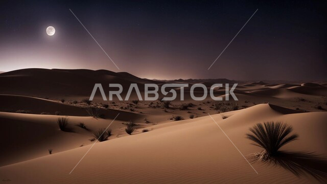 التضاريس والبيئة الجافة في الصحراء العربية، منظر القمر المضيء وسط السماء الصافية, الكثبان الرملية الذهبية، جبال ومرتفعات المملكة العربية السعودية في الليل، التضاريس والكثبان الذهبية الناعمة، نمو النباتات  البرية الخضراء في الأراضي الصحراوية