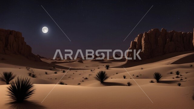 نمو النباتات  البرية الخضراء في الأراضي الصحراوية، التضاريس والبيئة الجافة في الصحراء العربية، منظر القمر المضيء وسط السماء الصافية, الكثبان الرملية الذهبية، جبال ومرتفعات المملكة العربية السعودية في الليل، التضاريس والكثبان الذهبية الناعمة