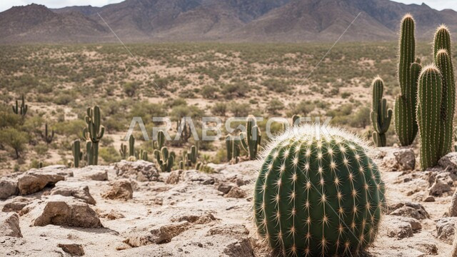 Mountain range, rock formations and formations, prickly cactus on soft golden sand in desert areas, growth of prickly plants and herbs in the prairies of Saudi Arabia, wild plants and crops in nature reserves, sand dunes and highlands in the desert