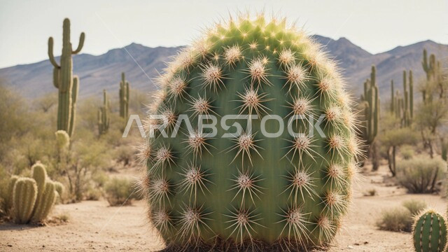 سلسلة الجبال والتكوينات والتشكلات الصخرية، نبات الصبار الشوكي على الرمال الذهبية الناعمة في المناطق الصحراوية، نمو الشوكيات والأعشاب في براري المملكة العربية السعودية، النباتات والمزروعات البرية في المحميات الطبيعية، الكثبان والمرتفعات الرملية في الصحراء