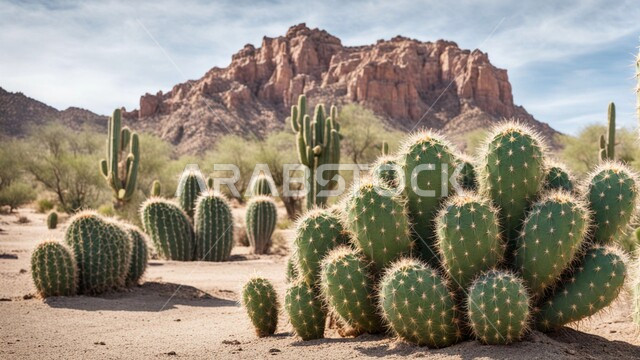 النباتات والمزروعات البرية في المحميات الطبيعية، الكثبان والمرتفعات الرملية في الصحراء، سلسلة الجبال والتكوينات والتشكلات الصخرية، نبات الصبار الشوكي على الرمال الذهبية الناعمة في المناطق الصحراوية، نمو الشوكيات والأعشاب في براري المملكة العربية السعودية