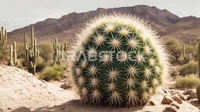 النباتات والمزروعات البرية في المحميات الطبيعية، الكثبان والمرتفعات الرملية في الصحراء، سلسلة الجبال والتكوينات والتشكلات الصخرية، نبات الصبار الشوكي على الرمال الذهبية الناعمة في المناطق الصحراوية، نمو الشوكيات والأعشاب في براري المملكة العربية السعودية