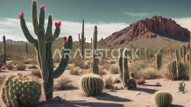 النباتات والمزروعات البرية في المحميات الطبيعية، الكثبان والمرتفعات الرملية في الصحراء، سلسلة الجبال والتكوينات والتشكلات الصخرية، نبات الصبار الشوكي على الرمال الذهبية الناعمة في المناطق الصحراوية، نمو الشوكيات والأعشاب في براري المملكة العربية السعودية