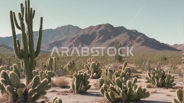  نمو الشوكيات والأعشاب في براري المملكة العربية السعودية، النباتات والمزروعات البرية في المحميات الطبيعية، الكثبان والمرتفعات الرملية في الصحراء، سلسلة الجبال والتكوينات والتشكلات الصخرية، نبات الصبار الشوكي على الرمال الذهبية الناعمة في المناطق الصحراوية