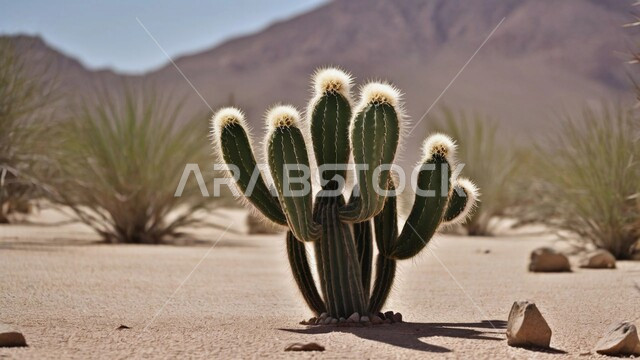 نبات الصبار الشوكي على الرمال الذهبية الناعمة في المناطق الصحراوية، نمو الشوكيات والأعشاب في براري المملكة العربية السعودية، النباتات والمزروعات البرية في المحميات الطبيعية، الكثبان والمرتفعات الرملية في الصحراء، سلسلة الجبال والتكوينات والتشكلات الصخرية