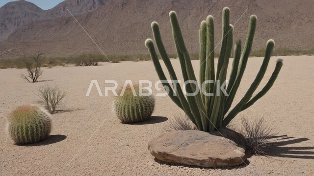 نبات الصبار الشوكي على الرمال الذهبية الناعمة في المناطق الصحراوية، نمو الشوكيات والأعشاب في براري المملكة العربية السعودية، النباتات والمزروعات البرية في المحميات الطبيعية، الكثبان والمرتفعات الرملية في الصحراء، سلسلة الجبال والتكوينات والتشكلات الصخرية