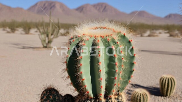 Prickly pear cactus on soft golden sand in desert areas, growth of prickly pears and grasses in the prairies of Saudi Arabia, wild plants and crops in nature reserves, sand dunes and highlands in the desert, mountain range and rock formations and formations