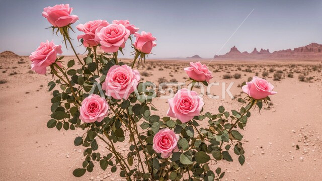 Enjoying the scenery in the desert environment, fragrant roses and flowers, pink flowers blooming on the soft golden sand, colorful plants growing in the deserts of Saudi Arabia