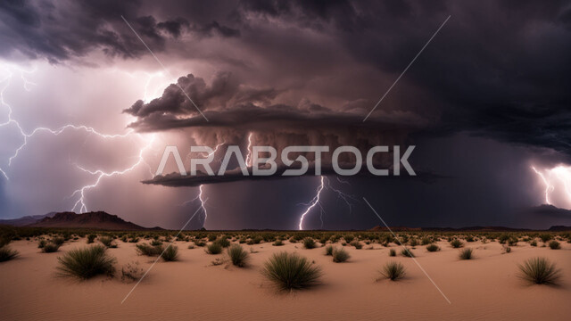 نمو النباتات والشوكيات البرية في الأراضي الصحراوية، منظر السماء الممتلئة بالغيوم الداكنة، التشكلات والتكوينات الرملية، الظواهر والكوارث الطبيعية، الجو العاصف الهائج المحمل بالغبار والأتربة في صحاري السعودية، عاصفة من الرياح تضرب الصحراء، الزوايع الغبارية القوية