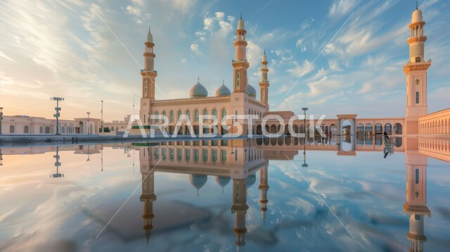 الفن الهندسي المعماري لبناء المساجد على الطراز الحديث في المملكه العربيه السعودية, دعوة ونداء المسلمين إلى الصلاه, منظر مسجد مهيب وقت غروب الشمس، مفهوم العبادة والتقرب إلى الله تعالى