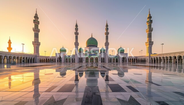 Architectural engineering art of building mosques in the modern style in the Kingdom of Saudi Arabia, calling and calling Muslims to prayer, a majestic view of a mosque at sunset, the concept of worship and drawing closer to God Almighty
