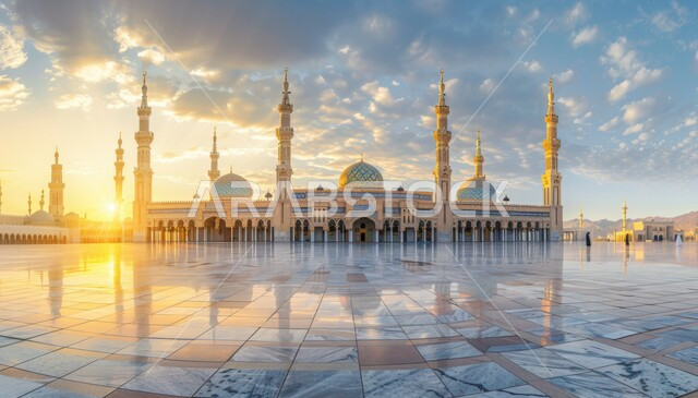 الفن الهندسي المعماري لبناء المساجد على الطراز الحديث في المملكه العربيه السعودية, دعوة ونداء المسلمين إلى الصلاه, منظر مسجد مهيب وقت غروب الشمس، مفهوم العبادة والتقرب إلى الله تعالى