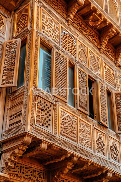 الفنون والتصاميم الهندسية المعمارية على الطراز الاسلامي للنوافذ، نافذة مشربية خشبية منحوتة بأنماط هندسية معقدة، الأناقة والتراث الثقافي التقليدي في منازل المملكة العربية السعودية