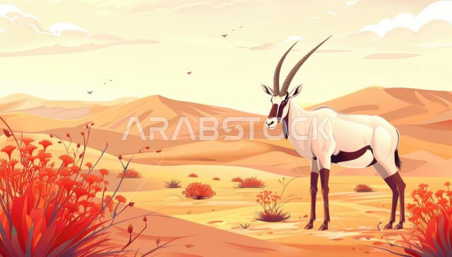 الاهتمام والعناية بالحيوانات البرية في المحميات الطبيعية، رسوم توضيحية لحيوان المها ذات القرون الطويلة المستقيمة تقف وسط الصحراء، الرمال الذهبية الناعمة في صحاري المملكة العربية السعودية