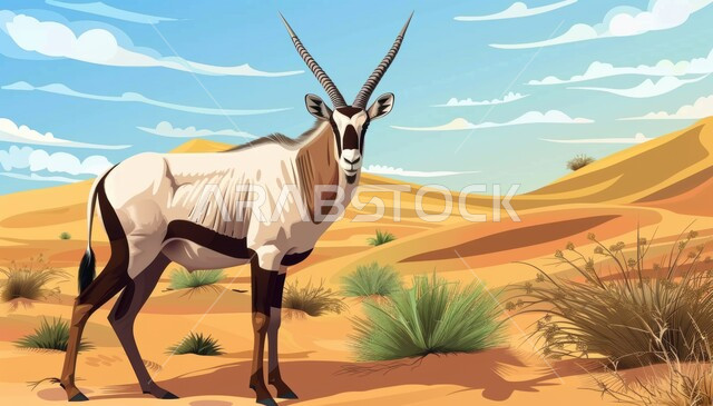 الاهتمام والعناية بالحيوانات البرية في المحميات الطبيعية، رسوم توضيحية لحيوان المها ذات القرون الطويلة المستقيمة تقف وسط الصحراء، الرمال الذهبية الناعمة في صحاري المملكة العربية السعودية