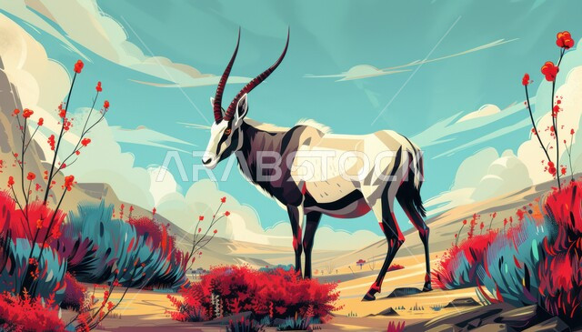 الاهتمام والعناية بالحيوانات البرية في المحميات الطبيعية، رسوم توضيحية لحيوان المها ذات القرون الطويلة المستقيمة تقف وسط الصحراء، الرمال الذهبية الناعمة في صحاري المملكة العربية السعودية