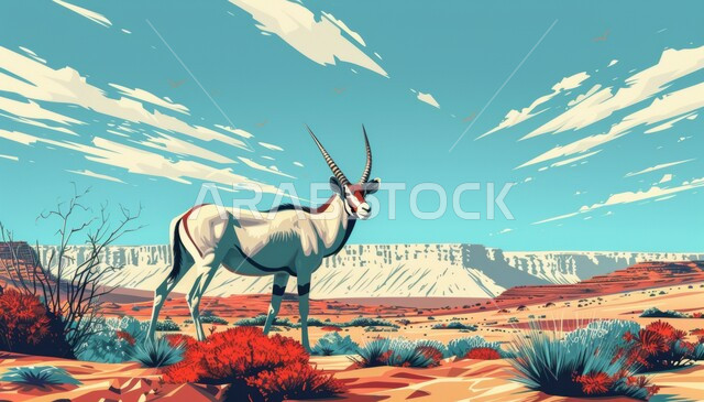 الاهتمام والعناية بالحيوانات البرية في المحميات الطبيعية، رسوم توضيحية لحيوان المها ذات القرون الطويلة المستقيمة تقف وسط الصحراء، الرمال الذهبية الناعمة في صحاري المملكة العربية السعودية