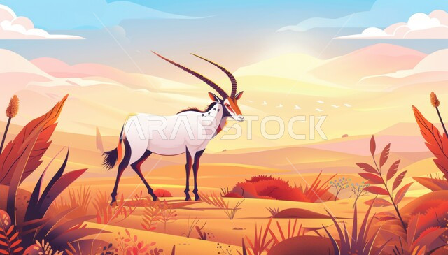 الاهتمام والعناية بالحيوانات البرية في المحميات الطبيعية، رسوم توضيحية لحيوان المها ذات القرون الطويلة المستقيمة تقف وسط الصحراء، الرمال الذهبية الناعمة في صحاري المملكة العربية السعودية
