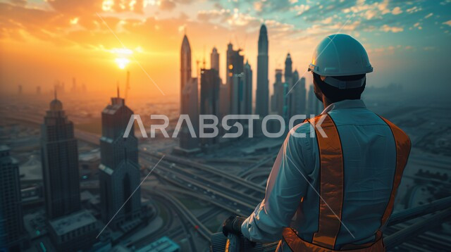 متابعة ومراقبة عملية البناء, مفهوم التطور التقدم العمراني في المملكة العربية السعودية, الاشراف على سير خطة العمل في موقع الانشاء, صورة مقربة من الخلف لمهندس عربي خليجي سعودي يرتدي خوذة الحماية يعمل في المجال الهندسي, مهن ووظائف سعودية