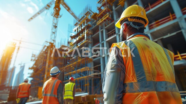 Industrial engineering jobs and professions in Saudi Arabia, a photo from the back of a group of Saudi Arabian Gulf engineers wearing helmets and protective vests working in the field of construction, supervising the work of heavy machinery and equipment for buildings, using cranes and scaffolding on construction sites