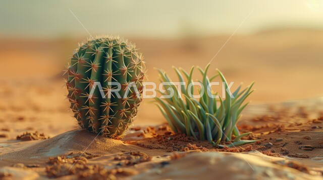  نمو الشوكيات والأعشاب في البراري، صورة مقربة لنبات الصبار الشوكي وسط الرمال الذهبية الناعمة في المناطق الصحراوية، النباتات والمزروعات البرية في المحميات الطبيعية، الكثبان الرملية في الصحراء المملكة العربية السعودية