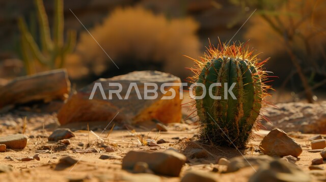  نمو الشوكيات والأعشاب في البراري، صورة مقربة لنبات الصبار الشوكي وسط الرمال الذهبية الناعمة في المناطق الصحراوية، النباتات والمزروعات البرية في المحميات الطبيعية، الكثبان الرملية في الصحراء المملكة العربية السعودية