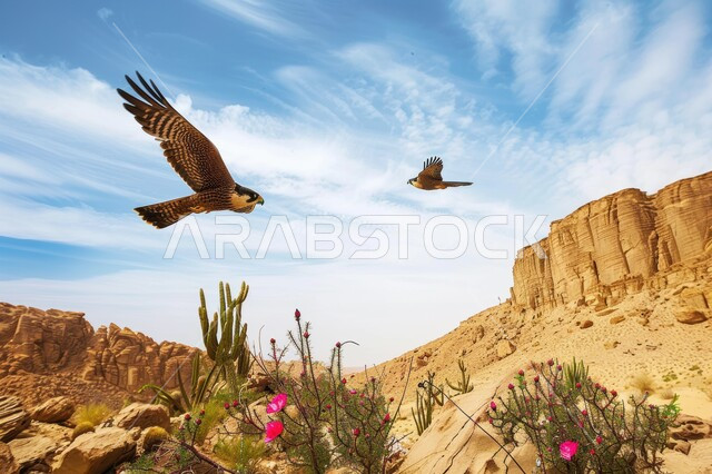 نسر يحلق في إحدى المحميات الطبيعيه، رمز القوة والتحدي وحدة البصر، تدريب وترويض الطيور الجارحة والمفترسة، إقامة نادي الصقور في موسم الصيد السنوي في المملكة العربية السعودية، الفخر بالتراث السعودي العريق في تربية طائر الصقر