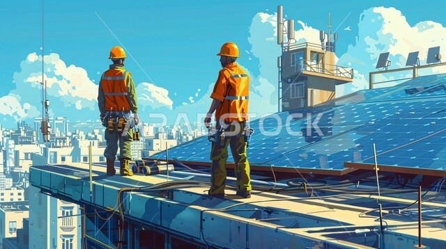 مفهوم انتاج الطاقة البديلة الصديقة للبيئة في المملكة العربية السعودية, تطوير البنية التحتية الحضرية والريفية, رسوم توضيحية لمهندسين عربيين خليجيين يرتديان الخوذة وسترة الحماية يقومان بتركيب ألواح الطاقة الكهروضوئية على الأسطح