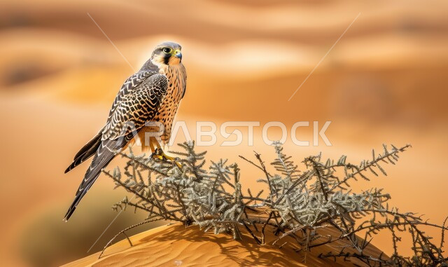 الفخر بالتراث السعودي العريق في تربية طائر الصقر، صورة مقربة لطائر الصقر يقف في إحدى المحميات الطبيعية، حدة البصر و رمز القوة والتحدي، تدريب وترويض الطيور الجارحة والمفترسة، إقامة نادي الصقور في موسم الصيد السنوي في المملكة العربية السعودية